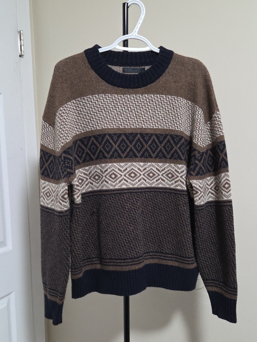 OAK + FORT Brown and Black Patterned Crewneck Sweater